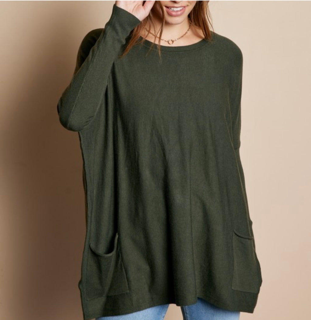 Dark Green Pocket Sweater Top